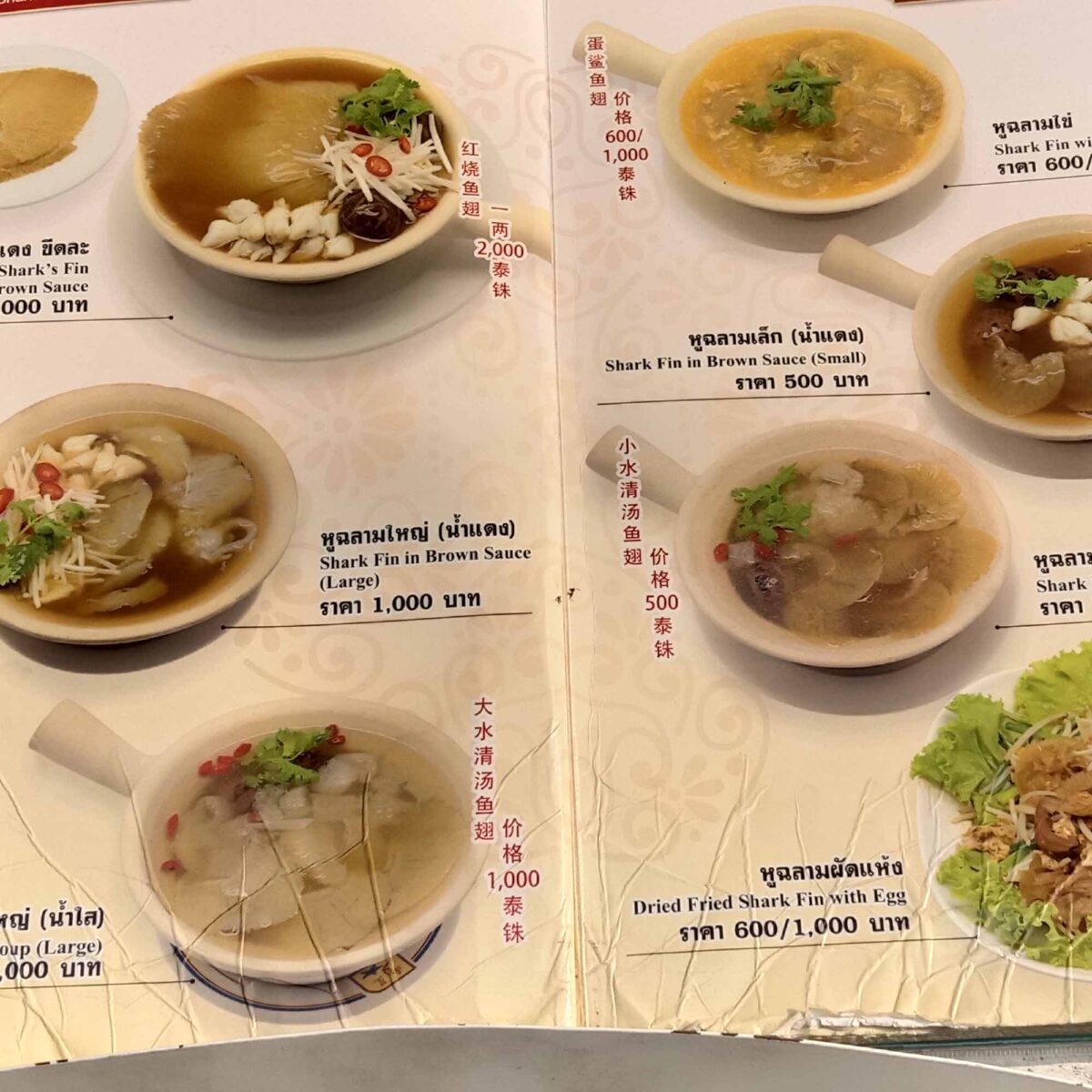 Foto einer Speisekarte mit Haiflossensuppe